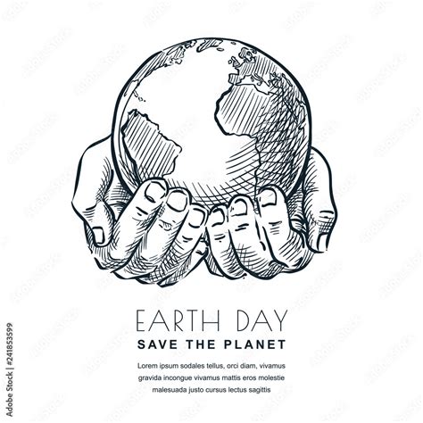 Earth Day vector sketch illustration. Hands holding Earth planet ...