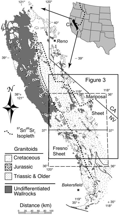 Generalized geological map of the Sierra Nevada batholith. Study area ...