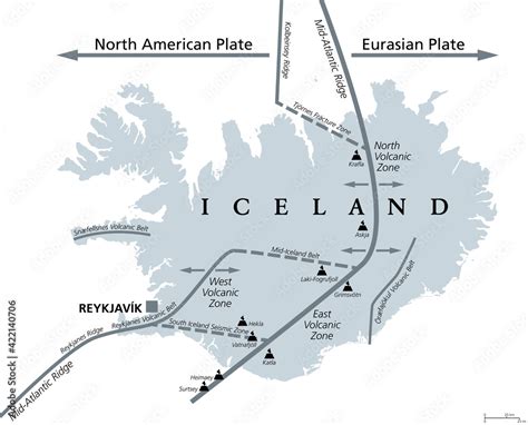 Geology of Iceland, gray political map. Iceland lies on the divergent boundary between Eurasian ...