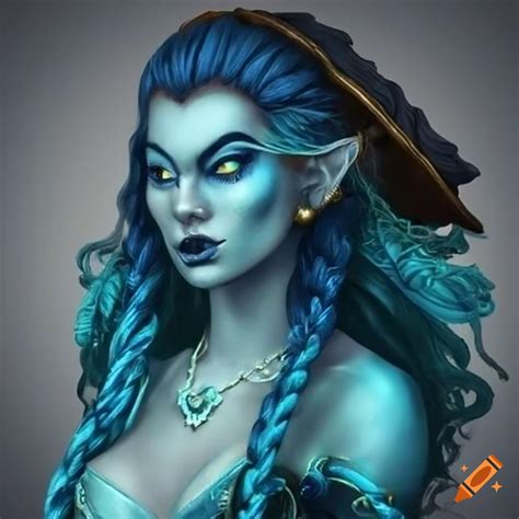 Illustration of a female triton pirate with blue skin and gold eyes