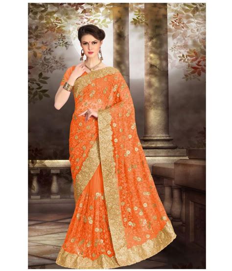 Pragati Fashion Hub Orange and Beige Net Saree - Buy Pragati Fashion ...