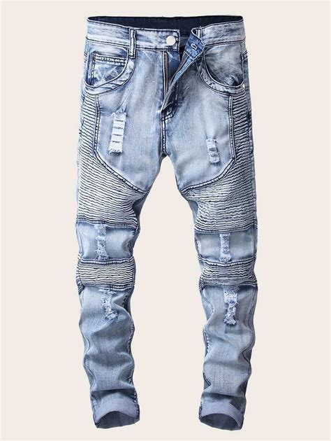 Men Zipper Ripped Washed Jeans | SHEIN UK | Ripped blue jeans, Jeans outfit men, Moto jeans