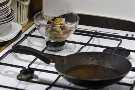 A Frying Pan with Sunflower Oil on the Stove Stock Photo - Image of ...