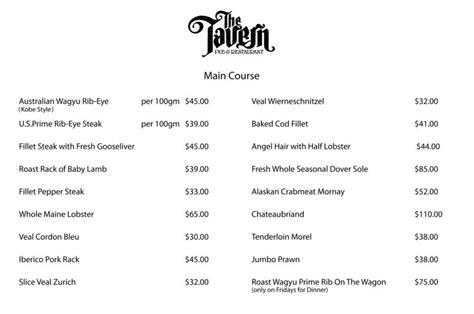 The Tavern Restaurant Menu Singapore & Updated Prices 2024