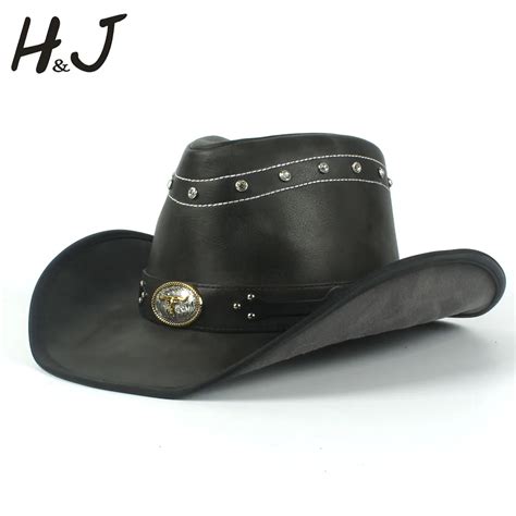 100% Leather Black Men Western Cowboy Hat For Gentleman Dad Cowboy Sombrero Hombre Caps ...