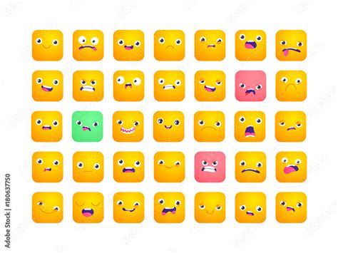 Set of square emoji. Smile icons. Vector emoticons isolated on white. Funny flat style emoji ...