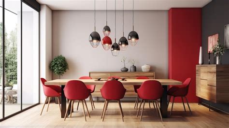 Premium AI Image | Interior of modern dining room wooden table and red ...