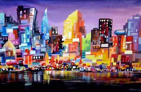 Night Abstract Cityscape-Acrylic on Canvas Painting Acrylic painting by ...