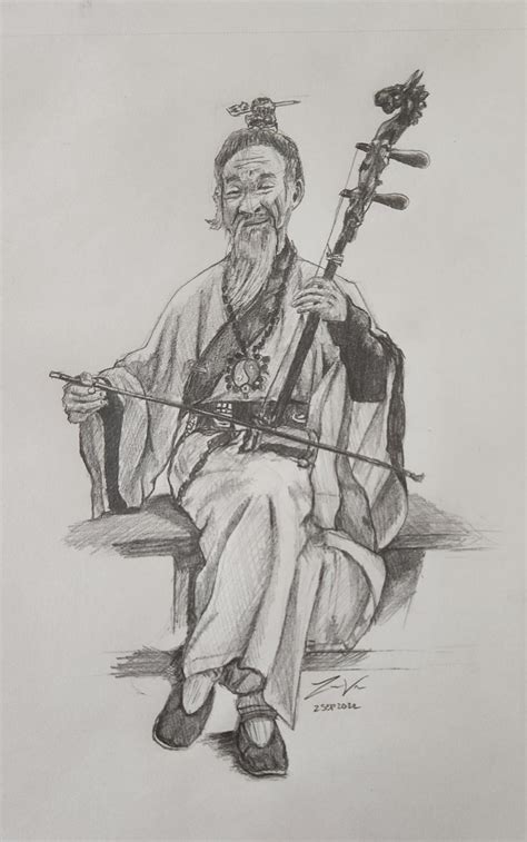 I drew a man playing the erhu, which is a type of fiddle. : r/sketches