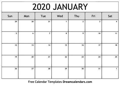 January 2020 Calendar - Free Printable with Holidays and Observances