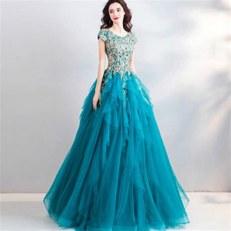 Buy New Vintage Peacock Blue Evening Dress Lace Embroidery A-line Floor ...