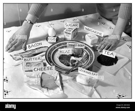 WW2 FOOD RATIONING BRITAIN 1939-1954 display of 1 week of foodstuffs for 1 person during the ...