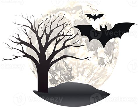 Scary Halloween night decoration with moon, bats and tree silhouette, PNG file no background, AI ...