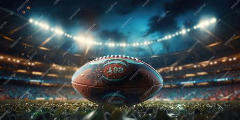 Premium AI Image | Rugby ball on stadium pitch at night with fuzzy ...