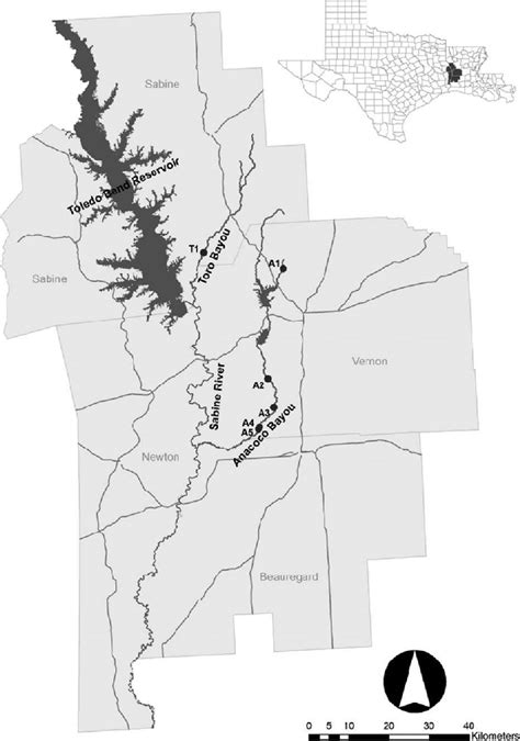 Map of the study sites in the lower Sabine River basin. Solid circles ...