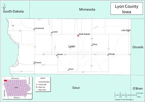 Map of Lyon County, Iowa showing cities, highways & important places ...