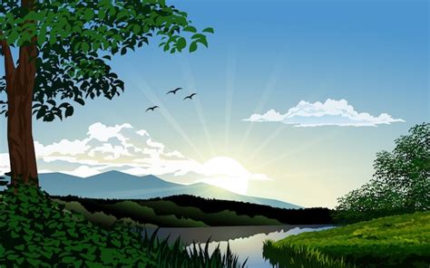 Premium Vector | Beautiful nature in the morning with river