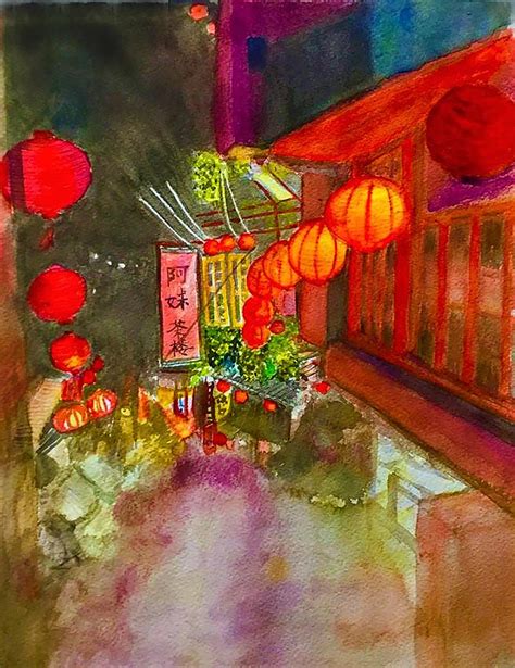 Jiufen Old Street night Painting by Ginny Den - Fine Art America