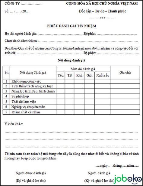 Mẫu phiếu đánh giá tín nhiệm, bổ nhiệm chức vụ nhân viên chuẩn nhất, có link tải | RaoXYZ