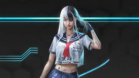 Download Eye Patch Two-toned Hair School Uniform Sci Fi Cyborg 4k Ultra HD Wallpaper