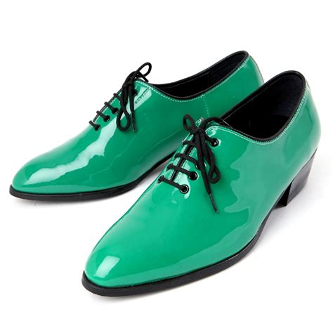 Mens round toe glossy Green dance lace up oxfords high heel dress shoes ...