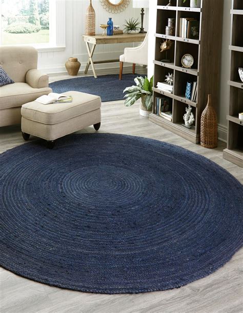 Navy Blue 3' 3 x 3' 3 Hand Braided Jute Round Rug | eSaleRugs