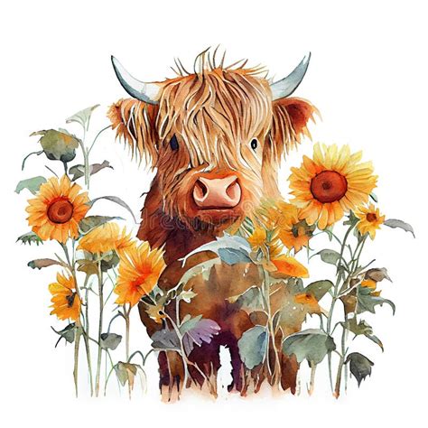 Watercolor Highland Cow Surrounded by Sunflowers and Spring Flower Stock Illustration ...