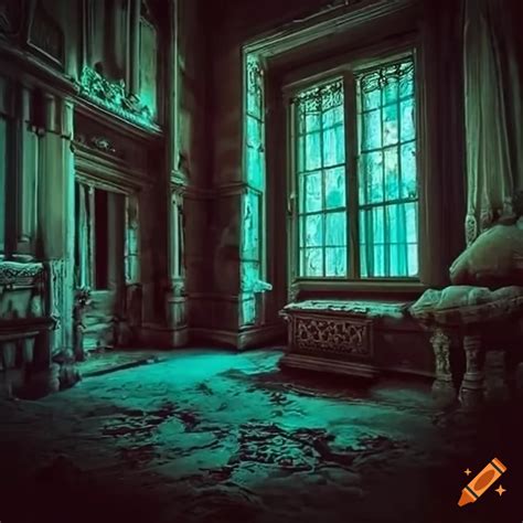 Eerie interior of a haunted mansion