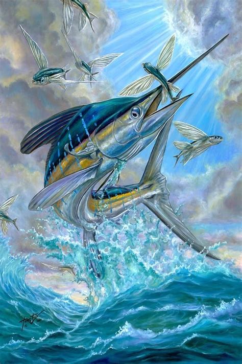 White Marlin Painting - Jumping White Marlin And Flying Fish by Terry Fox Guy Harvey Art, White ...