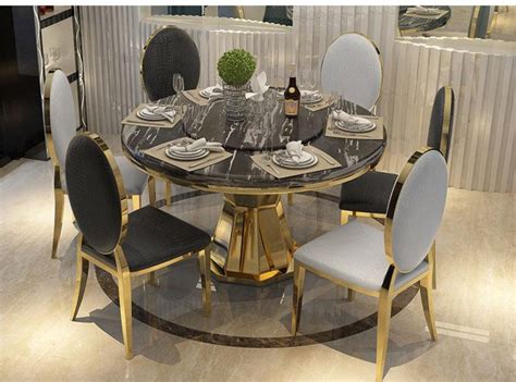 Golden Round Marble Top Dining Table With Luxury Chairs – My Aashis