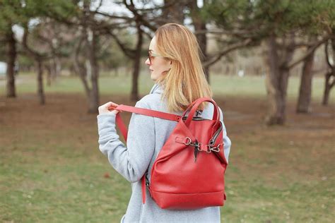 Red leather tote with zipper leather convertible backpack | Etsy