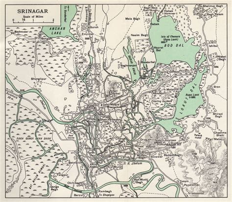 SRINAGAR. Town city plan. Lakes. Key Buildings. Kashmir 1965 old ...