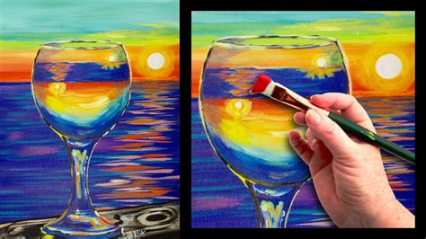 Sunset reflected in a glass easy beginner painting tutorial 🍷🌆 ...