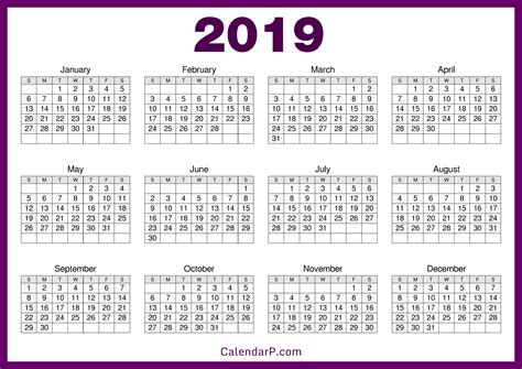 2019 Calendar Printable Free, HD – Purple – CalendarP | Printable Free Calendars