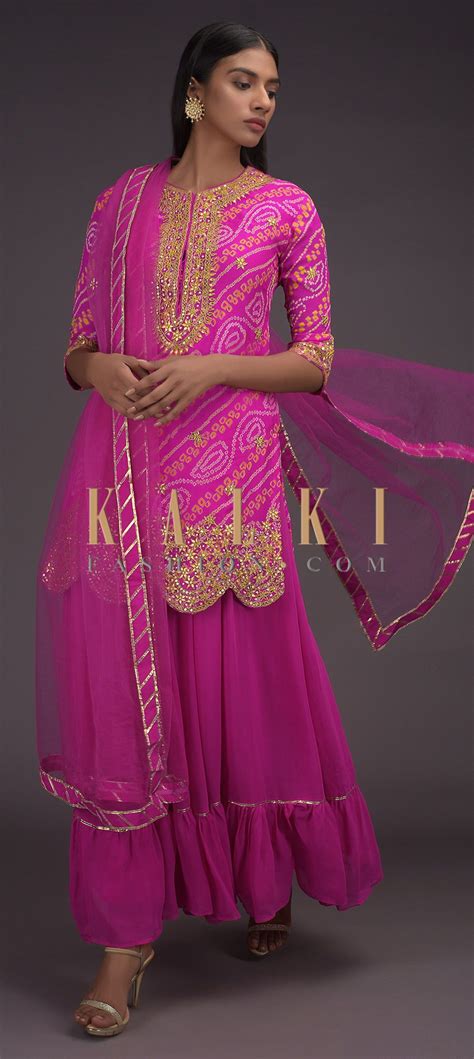 Magenta Skirt And Kurta Set With Bandhani Print And Embroidered Scallop ...