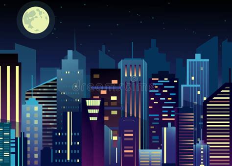 Vector Illustration of Night Urban City Landscape. Big Modern City with Skyscrapers in Night ...