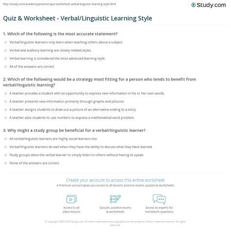 Quiz & Worksheet - Verbal/Linguistic Learning Style | Study.com