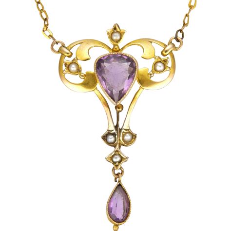 English Art Nouveau 9k Gold Amethyst and Seed Pearl Necklace | Art ...