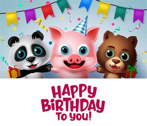 Premium Vector | Birthday greeting kids animals vector template Happy ...