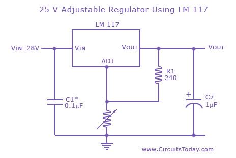 Adjustable/Variable Voltage Regulator Circuit using LM117 IC