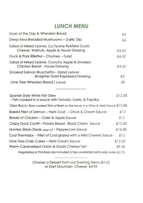 Menu at The Lime Tree Restaurant, Limavady, Limavady