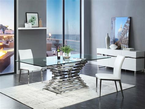 ARIETTA 7 piece Modern Dining Room Set Rectangular Glass Top Metal Table Chairs - Dining Sets