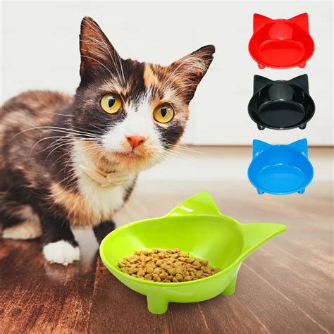 Pet Plastic Cat Face Bowl Cat Kitten Food Feeding Bowls Non Slip Pet Supplies Black Blue Red ...