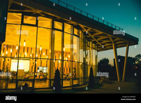 light in glass building at night Stock Photo - Alamy