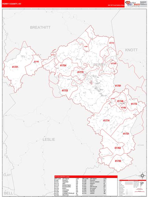Perry County, KY Zip Code Wall Map Red Line Style by MarketMAPS