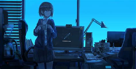 HD wallpaper: anime girls, office, blue, cup | Wallpaper Flare