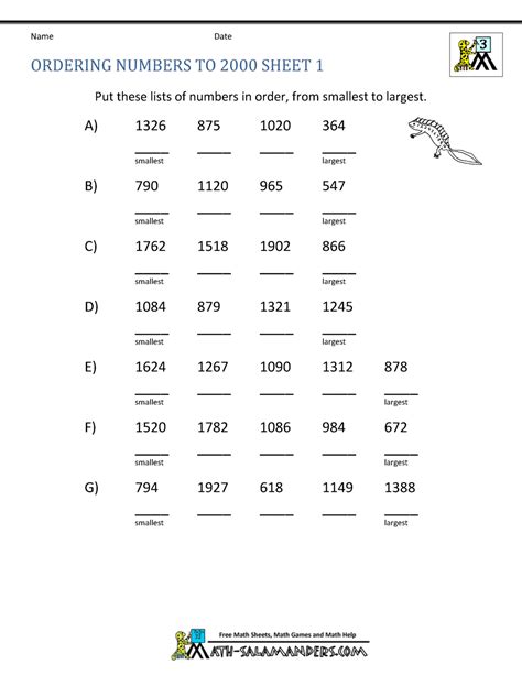 Math Worksheets 3rd Grade Ordering numbers to 10000