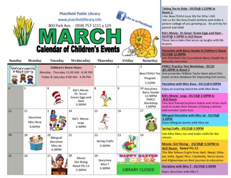 Plainfield Library's March Calendar of Events in the Children's Room ...