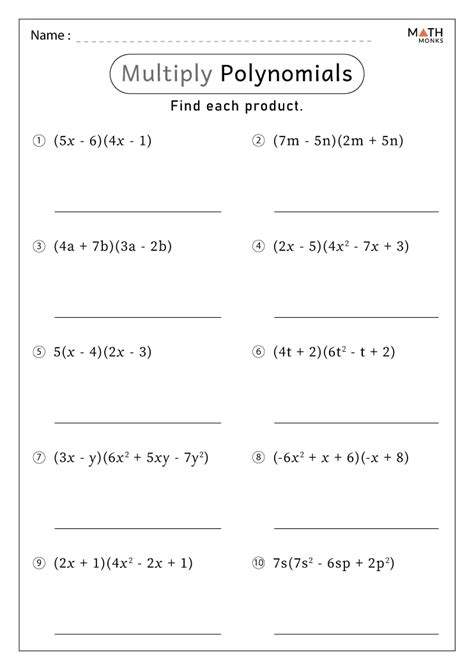 Multiplying Polynomials Worksheets - Math Monks