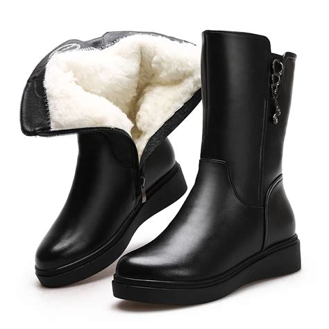 2018 Newest Winter Women Boots Warm Comfort Thick Wool Snow Boots Flat Non slip Cowhide Leather ...